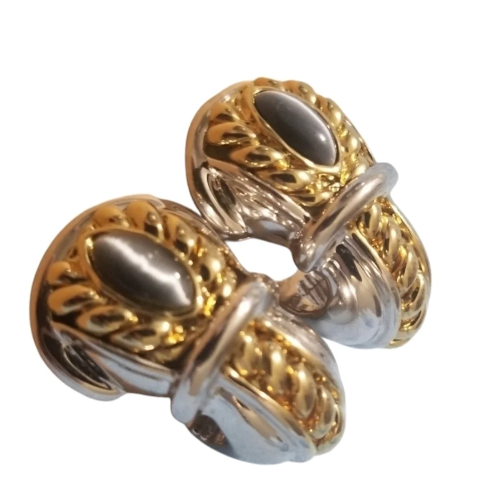 VINTAGE St. John Blue Cat Eye Buckle Clip-On Earrings Gold & Silver Tone